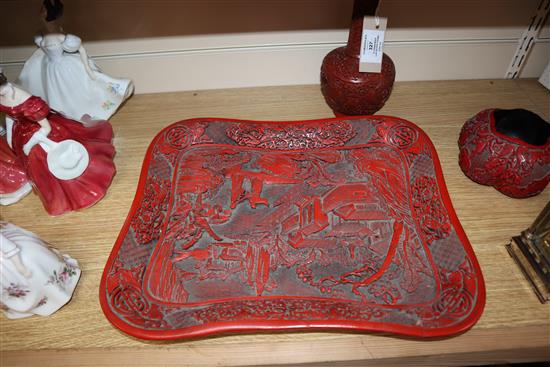 A Chinese cinnabar lacquer vase, a box and cover and a dish and other items Largest length 37cm